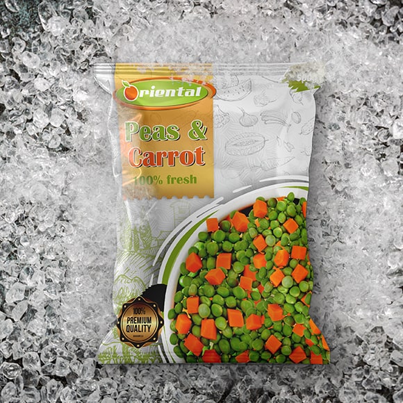 frozen peas & carrot with ice cubes background