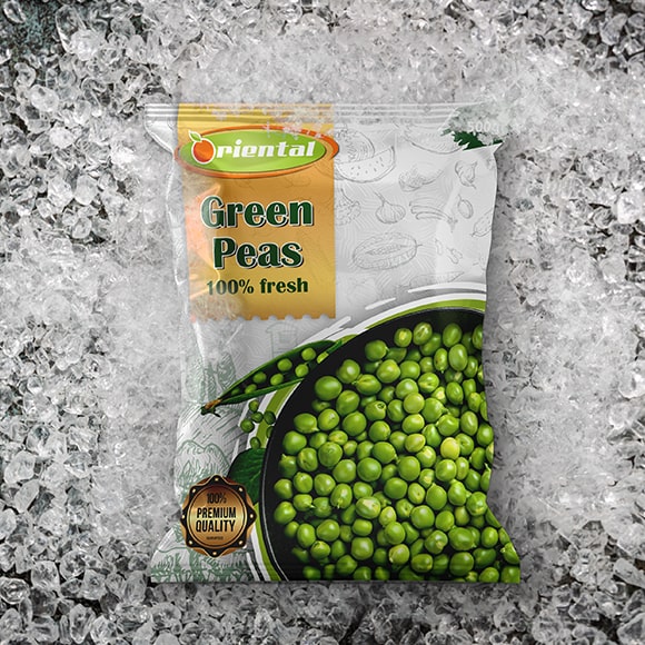 frozen green peas with ice cubes background