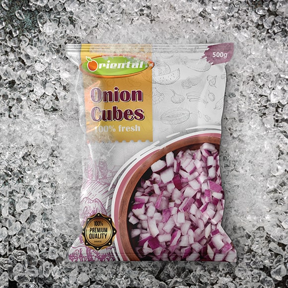 Frozen Onion Cubes with ice cubes background