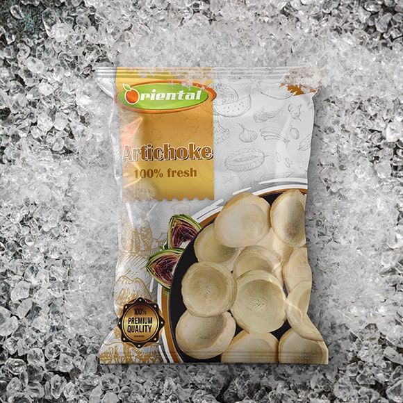 frozen artichoke with ice cubes background