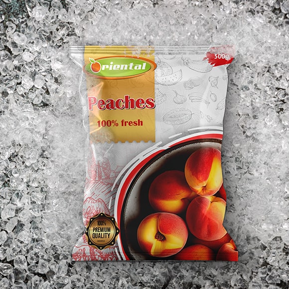 frozen Peaches with ice cubes background
