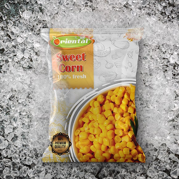 frozen sweet corn with ice cubes background