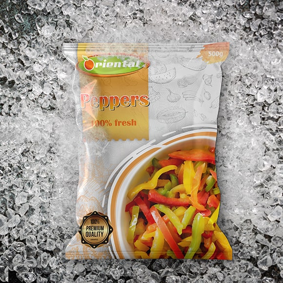 Frozen Peppers with ice Cubes background