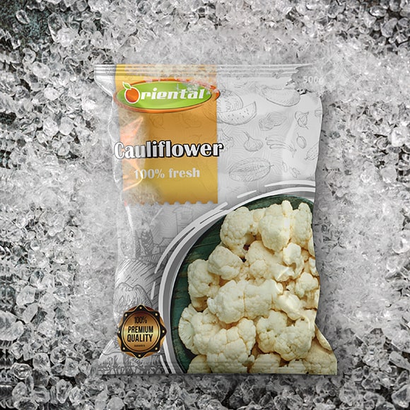 Frozen Cauliflower with ice cubes background