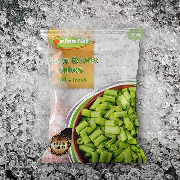 frozen Chopped Green Beans with ice cubes background