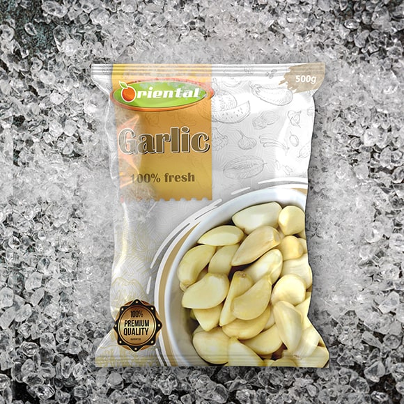 frozen Garlic with ice cubes background
