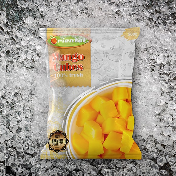 frozen Mango with ice cubes background