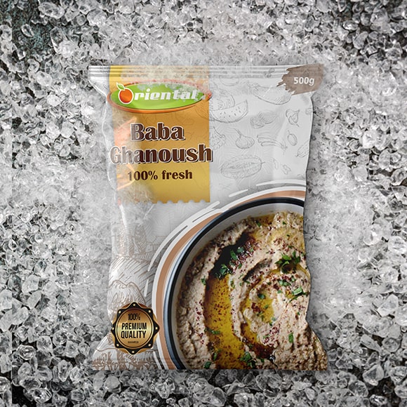Frozen Baba Ghanoush with ice cubes background