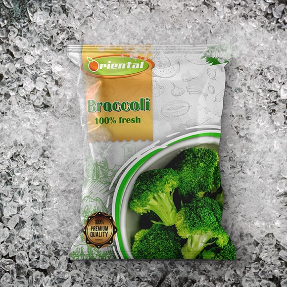 frozen Broccoli with ice cubes background