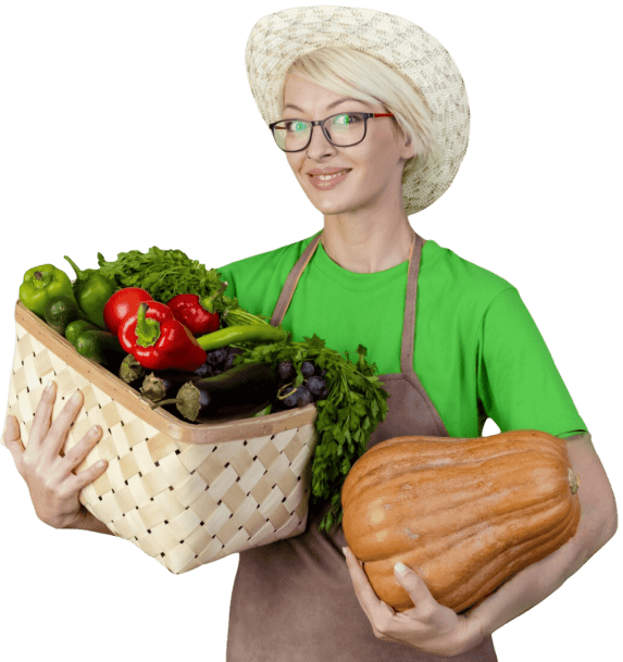 a woman holding a pasket of fresh vegetables in one hand and a pumbkin in another