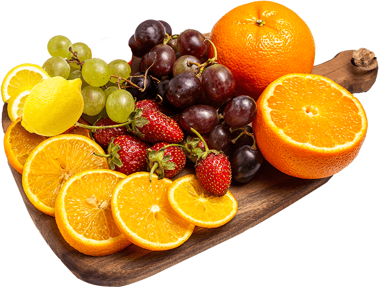 wooden plate with some orange, grape,lemon and strawberry in it